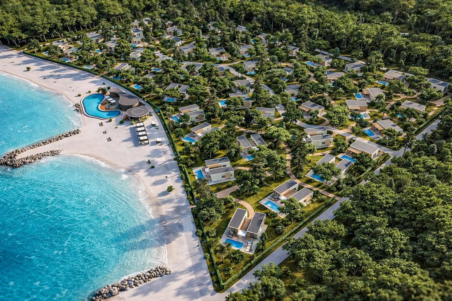 Kozarica coastal resort masterplan aerial visualization