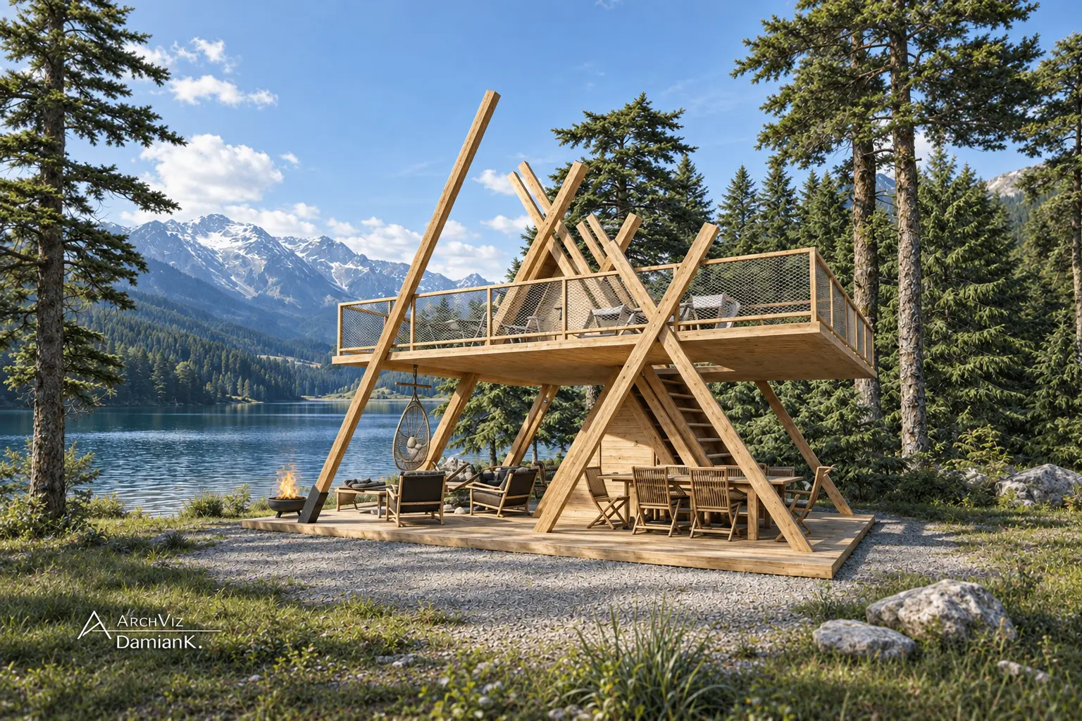 Full ANA Glamping Tower beside an alpine lake