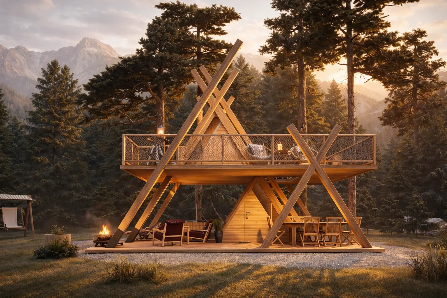 ANA Glamping Tower at sunset in a forest clearing