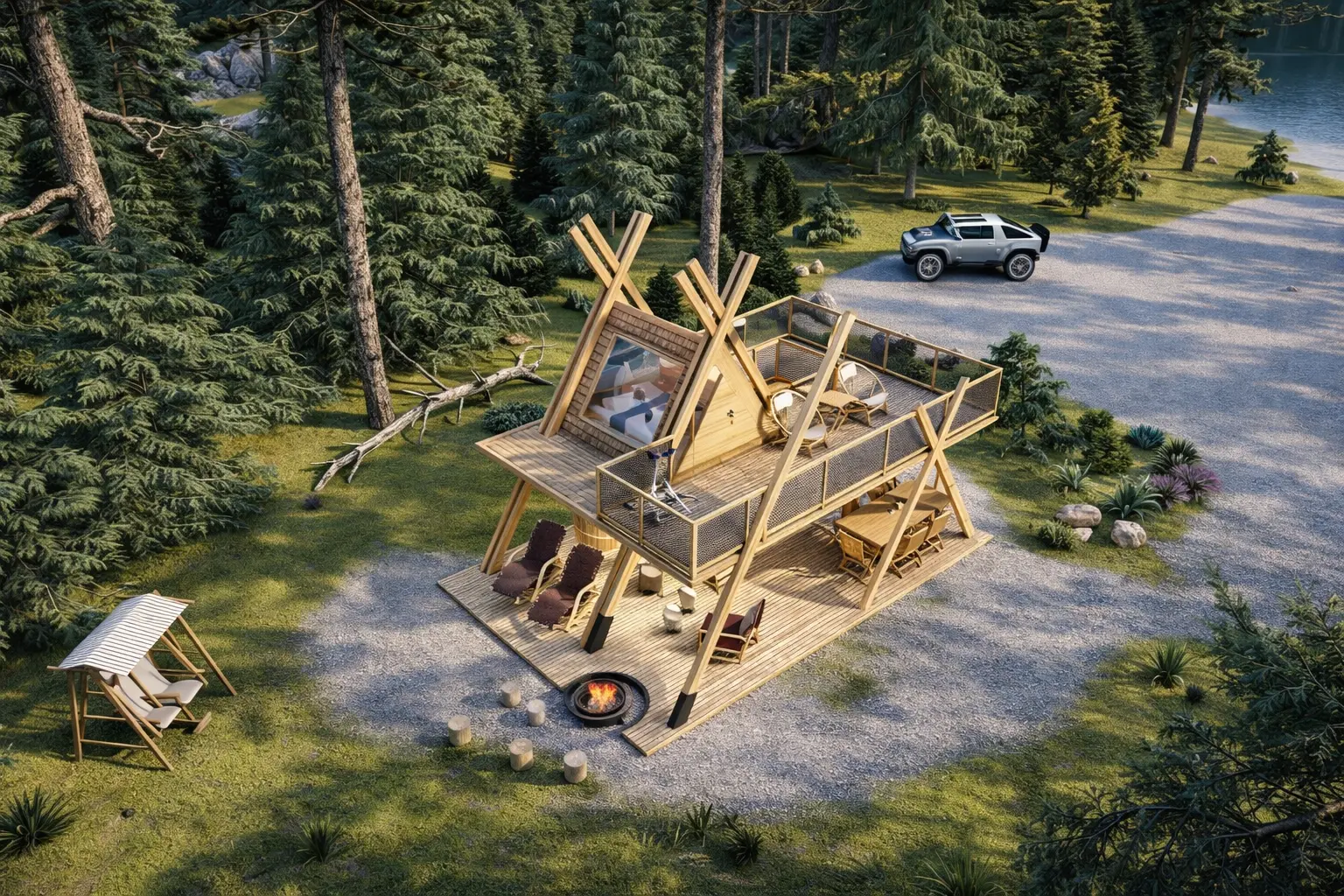 Aerial view of ANA Glamping Tower and its upper deck