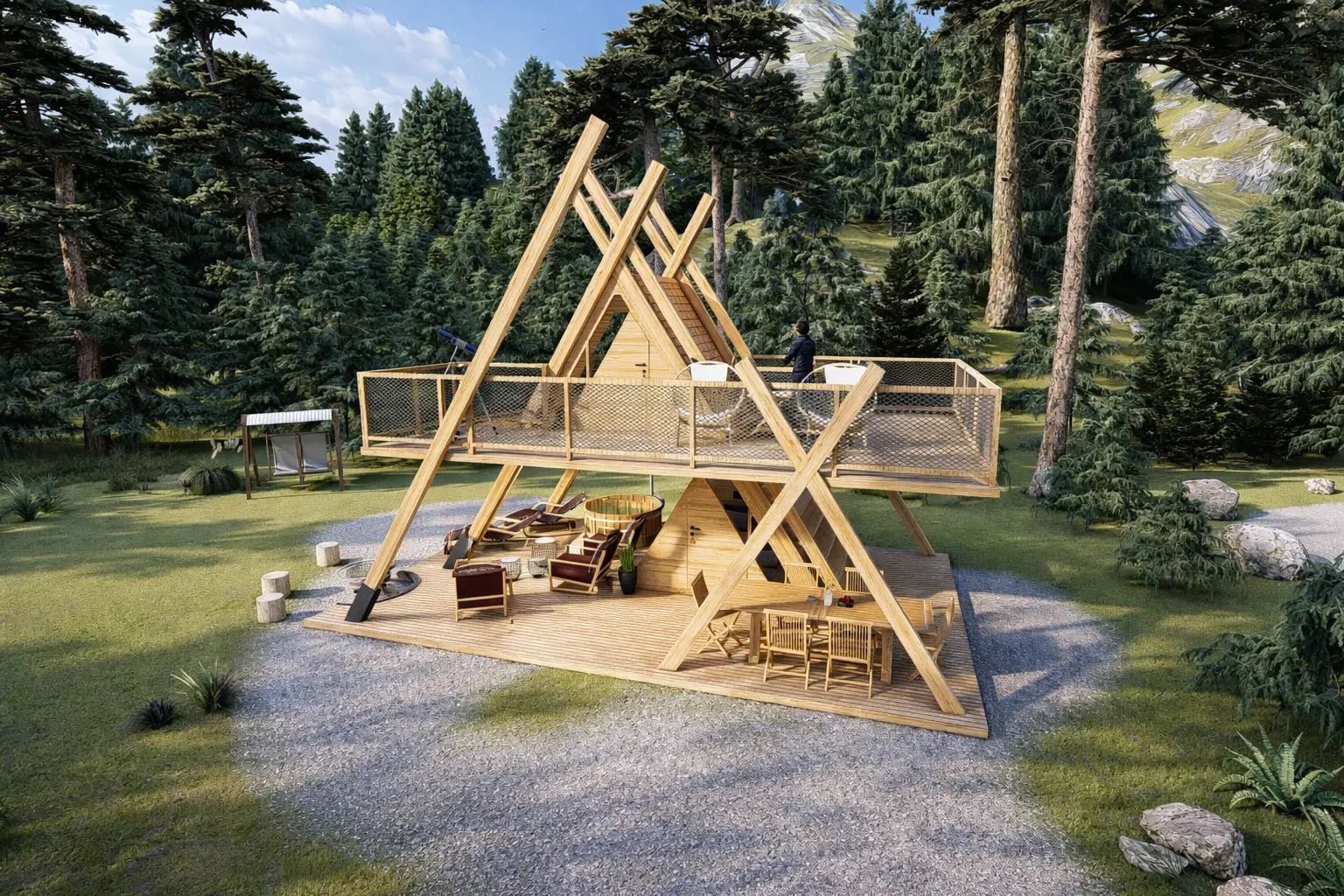 Elevated perspective of ANA Glamping Tower in the forest