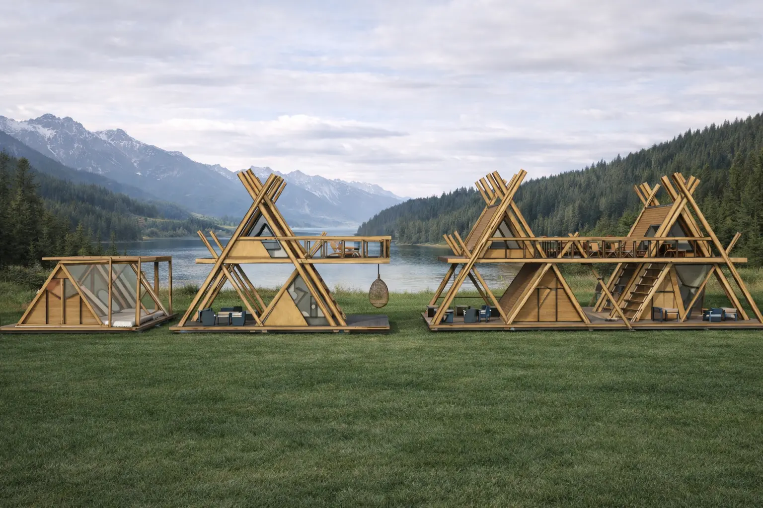 Multiple ANA Glamping Towers arranged as a hospitality resort