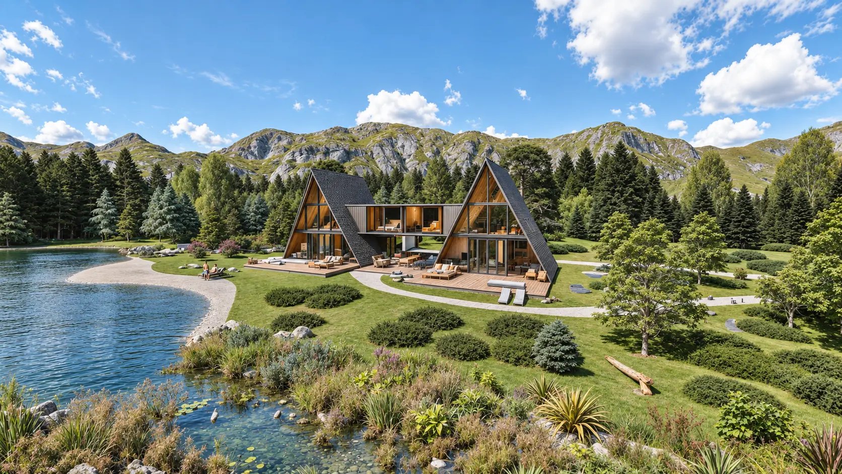 Double A-frame house beside an alpine lake