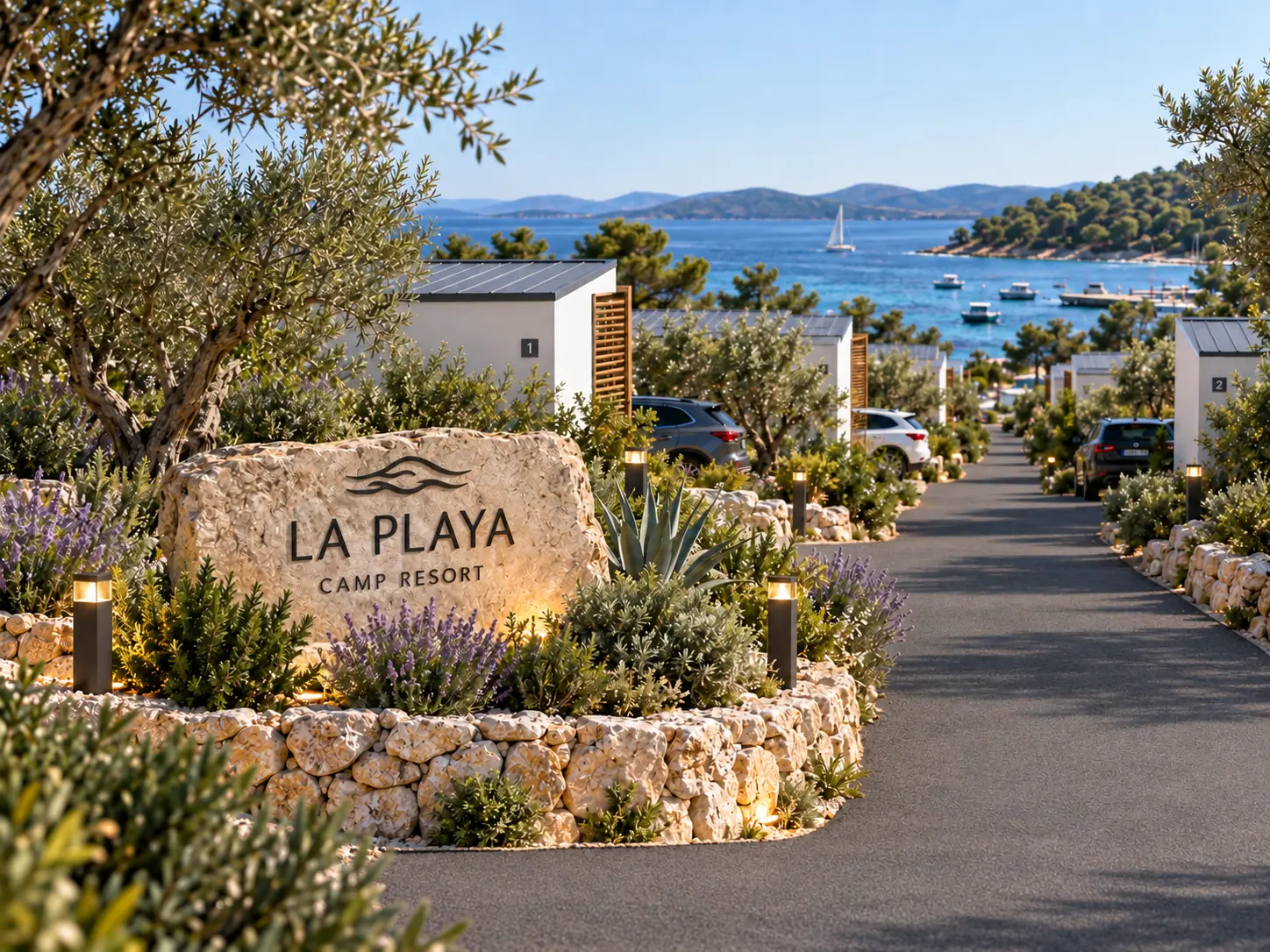 La Playa Camp Resort landscaped entrance and stone sign