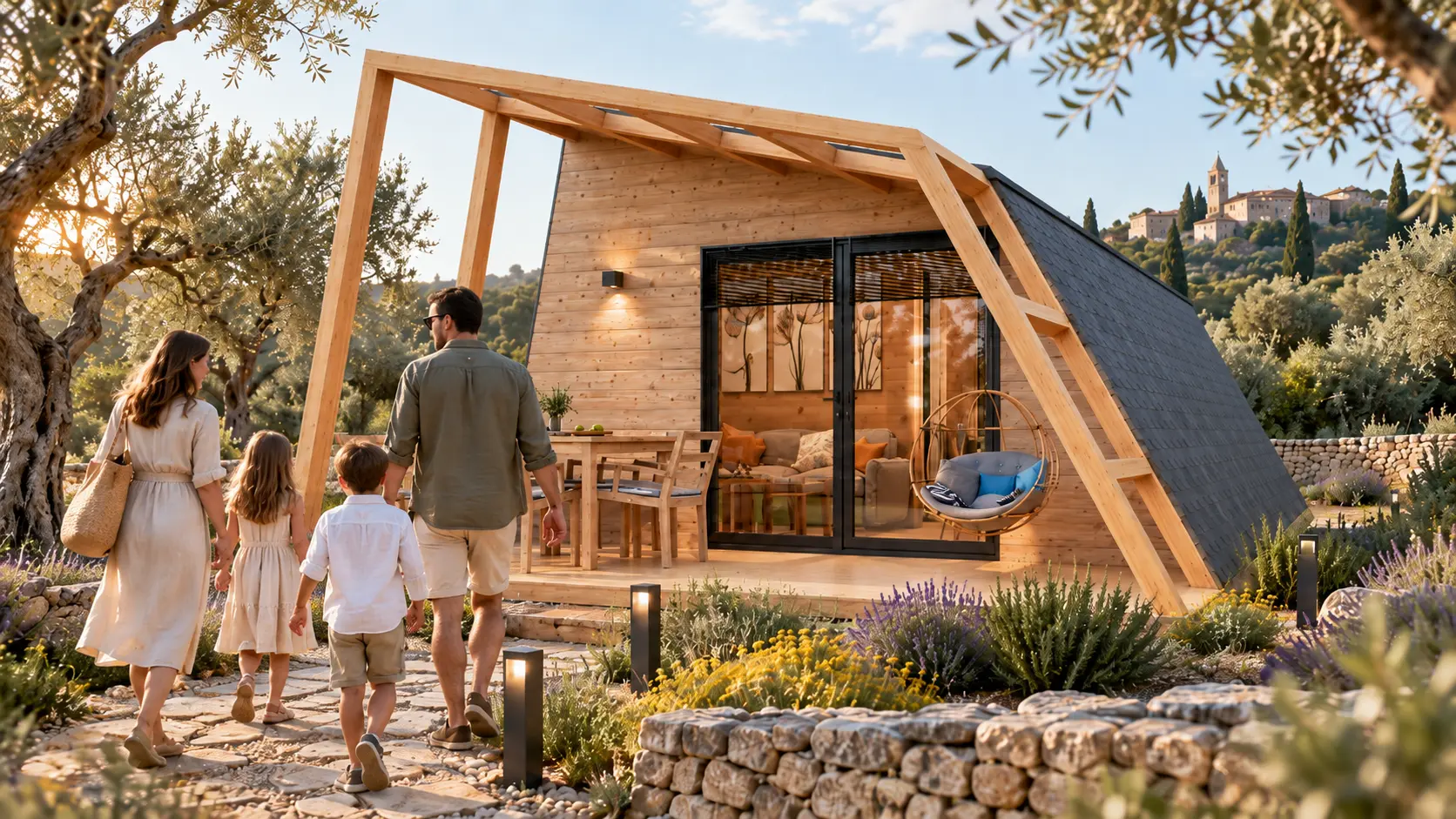 Family arriving at the ZALA Glamping Pod