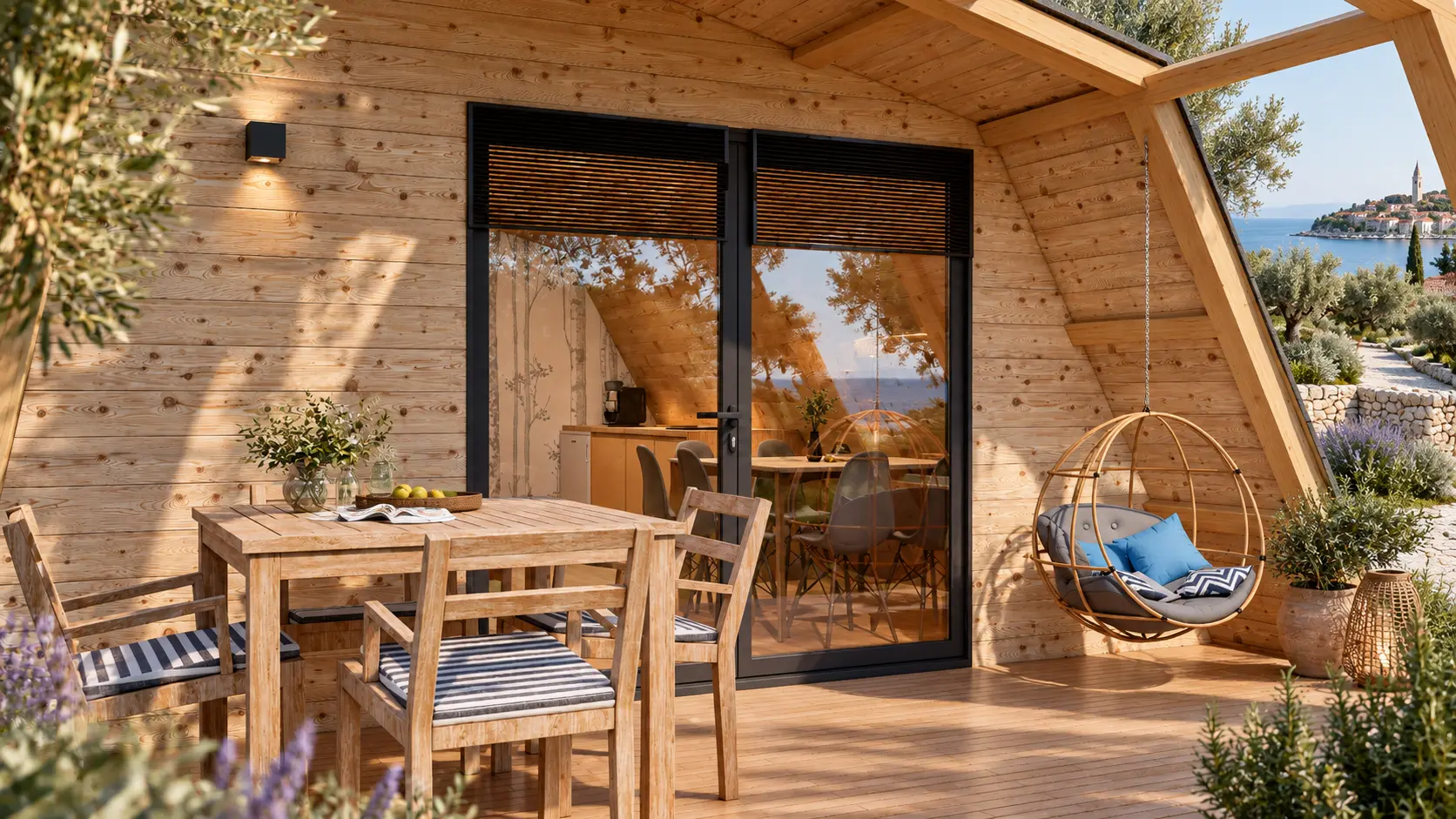 Covered timber terrace of the ZALA Glamping Pod