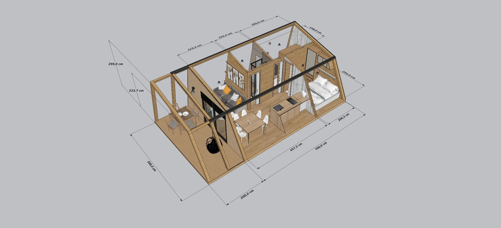 Dimensioned axonometric cutaway of the ZALA Glamping Pod