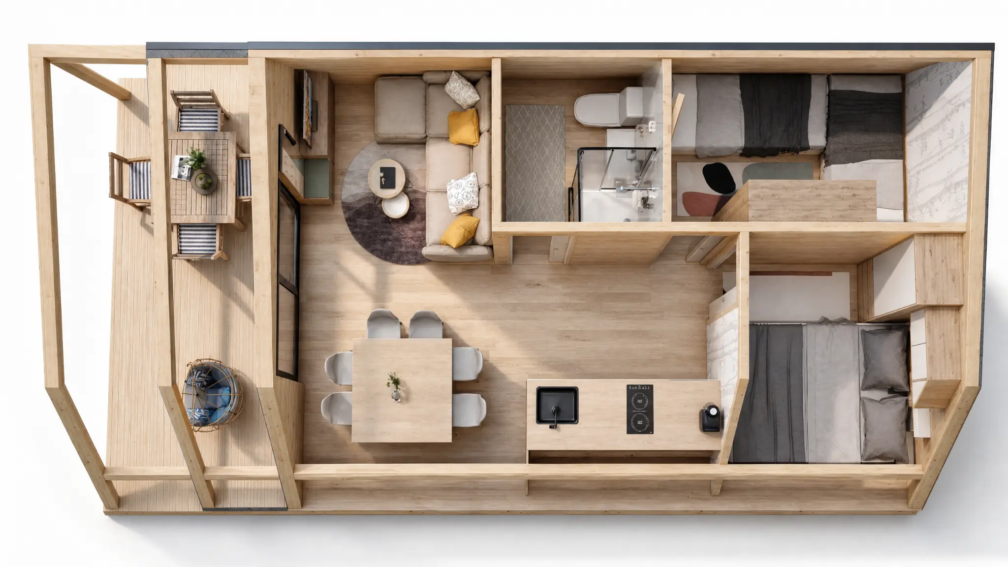 Top-down furnished floor plan of the ZALA Glamping Pod