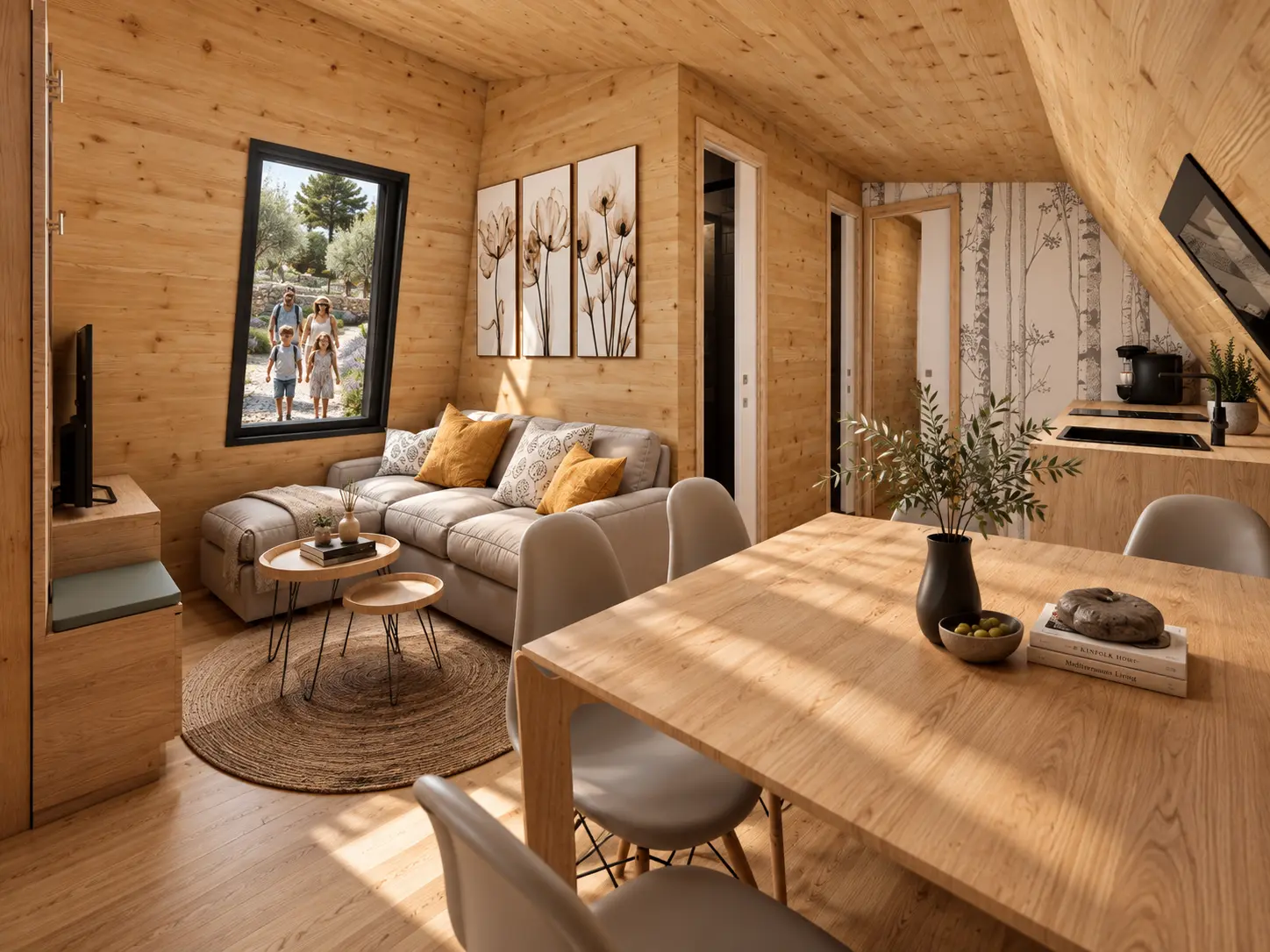 Warm timber living and dining interior of ZALA