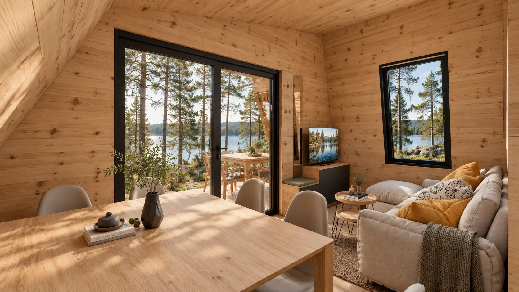 ZALA interior opening toward a lakeside terrace