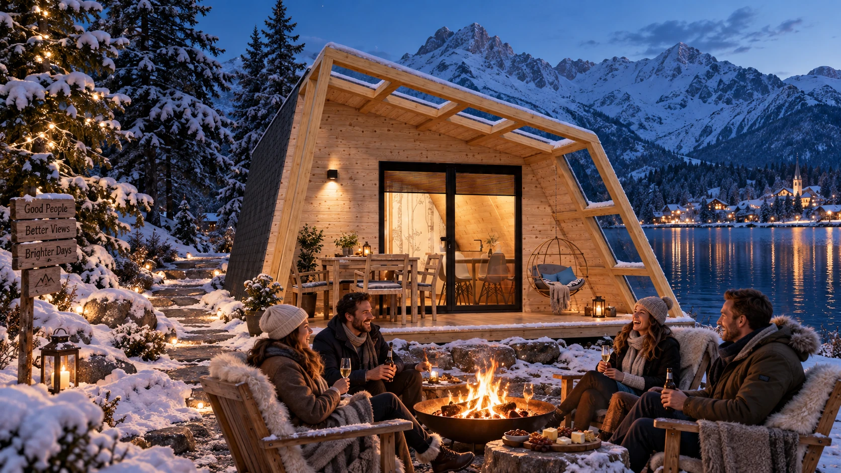 ZALA Glamping Pod winter lakeside setting with guests around a firepit